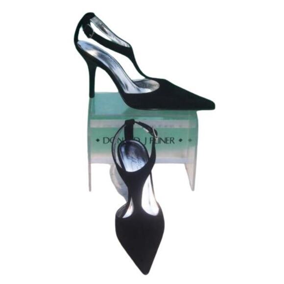 Donald Pliner Black Satin Leather Pump Shoe New T Strap Pointy Toe $350 NIB - Picture 1 of 4